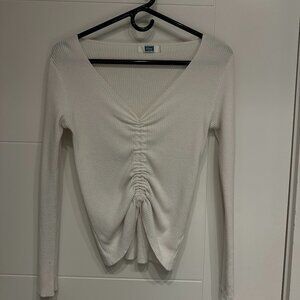 White Ruched Front V-Neck Long Sleeve